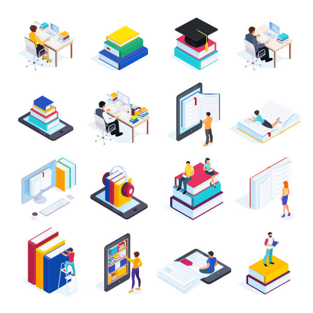 Isometric icons of online education with people. Isometric concept e-learning. 3d icons of online education with people reading books and using smartphones to read electronic books. Vector illustration. education infographics stock illustrations