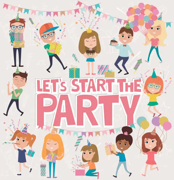 Vector illustration of Kids party poster with fun cartoon characters. Invitation or greeting card for party