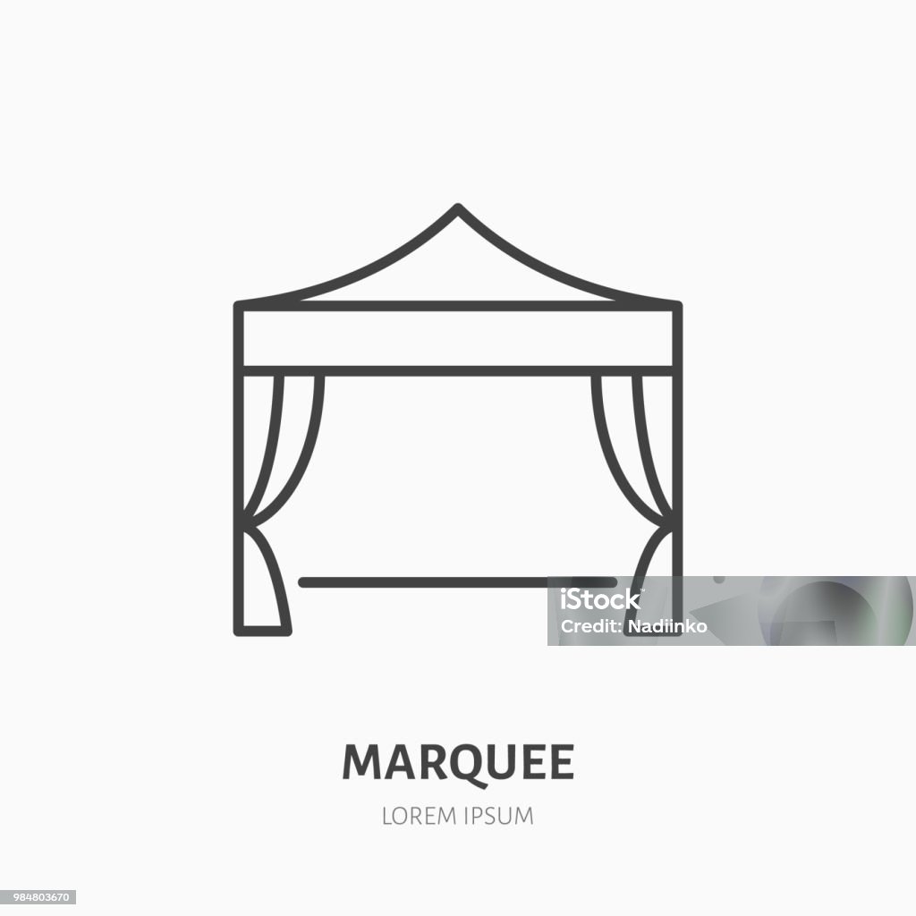 Marquee flat line icon. Folding tent, party equipment sign. Thin linear logo for trade show, event supplies Marquee flat line icon. Folding tent, party equipment sign. Thin linear logo for trade show, event supplies. Entertainment Tent stock vector