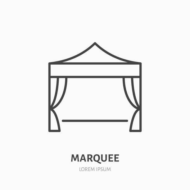 Marquee flat line icon. Folding tent, party equipment sign. Thin linear logo for trade show, event supplies Marquee flat line icon. Folding tent, party equipment sign. Thin linear logo for trade show, event supplies. entertainment tent stock illustrations