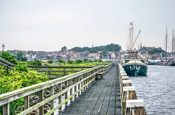 Wooden platforms and mooring in the harbour of the fishing-village of Urk, The Netherlands