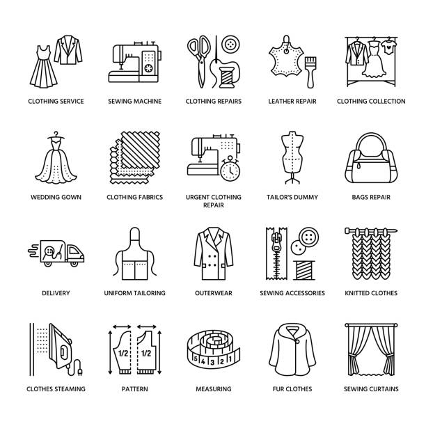 Clothing repair, alterations flat line icons set. Tailor store services - dressmaking, clothes steaming, curtains sewing. Linear signs set, logos for atelier Clothing repair, alterations flat line icons set. Tailor store services - dressmaking, clothes steaming, curtains sewing. Linear signs set, logos for atelier. tailor stock illustrations