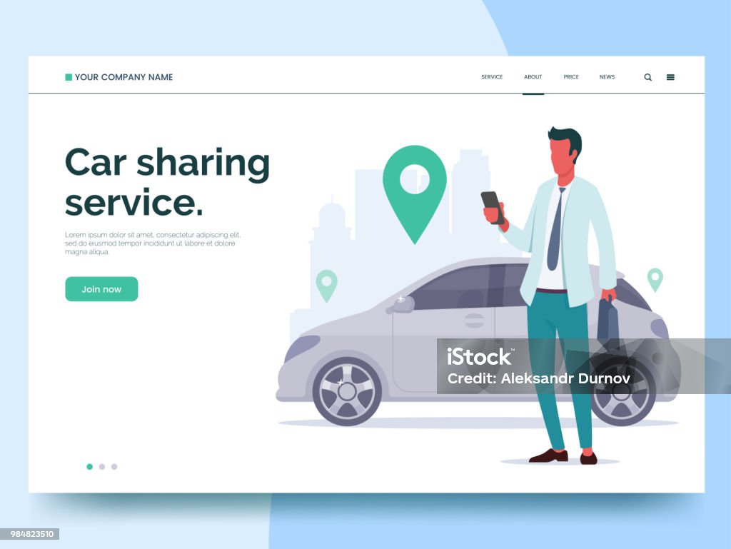 Car sharing service advertising web page template. A man with a smartphone standing near the car. Modern landing page for mobile app with colorful illustration. Business website concept. Eps 10. Car stock vector