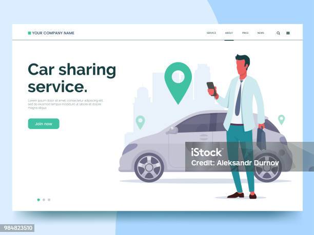 Car Sharing Service Advertising Web Page Template A Man With A Smartphone Standing Near The Car Modern Landing Page For Mobile App With Colorful Illustration Business Website Concept Eps 10 Stock Illustration - Download Image Now