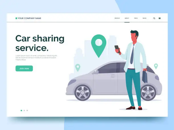 Vector illustration of Car sharing service advertising web page template. A man with a smartphone standing near the car. Modern landing page for mobile app with colorful illustration. Business website concept. Eps 10.