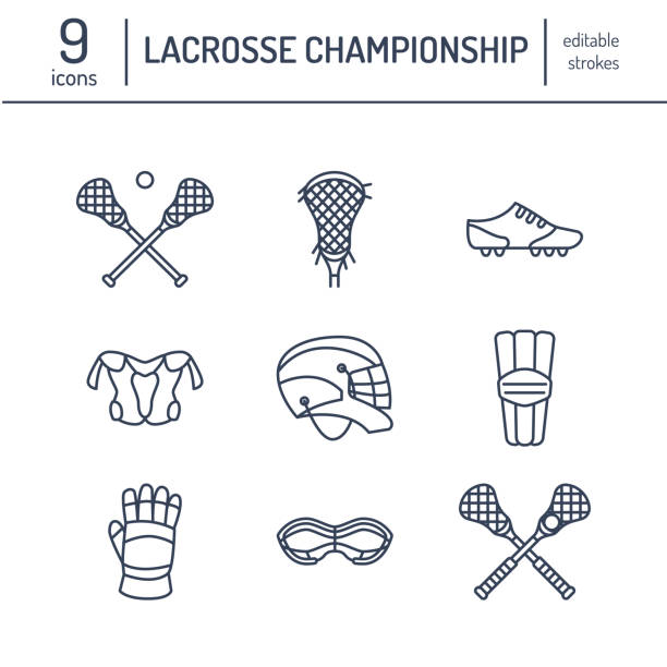 lacrosse sport spiel vektor-linie-icons. ball, stock, helm, handschuhe, schutzbrillen mädchen. lineare zeichen gesetzt, meisterschaft piktogramme mit editierbaren hub für event, ausrüstung shop - lacrosse stock-grafiken, -clipart, -cartoons und -symbole