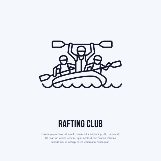 ilustrações de stock, clip art, desenhos animados e ícones de rafting, kayaking flat line icon. vector illustration of water sport - happy rafters with paddles in river raft. linear sign, summer recreation pictograms for paddling gear store - rafting nautical vessel river canoe