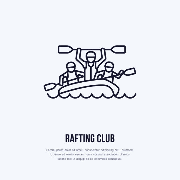 Rafting, kayaking flat line icon. Vector illustration of water sport - happy rafters with paddles in river raft. Linear sign, summer recreation pictograms for paddling gear store Rafting, kayaking flat line icon. Vector illustration of water sport - happy rafters with paddles in river raft. Linear sign, summer recreation pictograms for paddling gear store. rafting stock illustrations