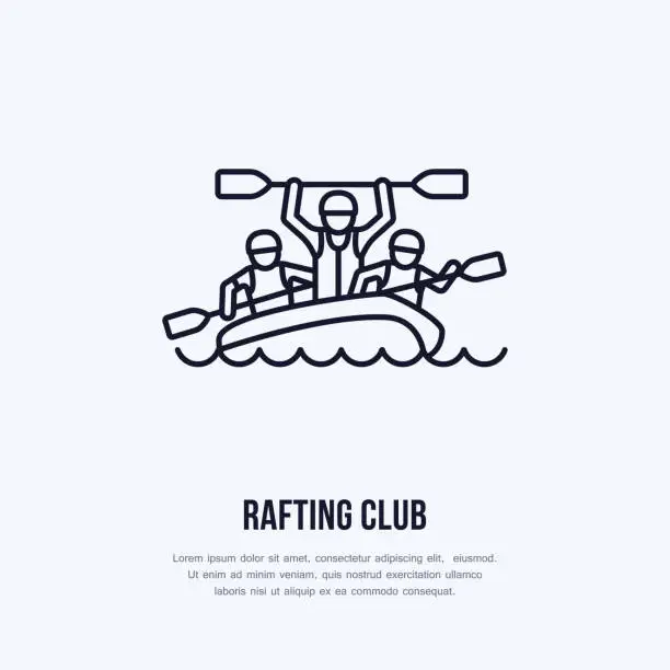 Vector illustration of Rafting, kayaking flat line icon. Vector illustration of water sport - happy rafters with paddles in river raft. Linear sign, summer recreation pictograms for paddling gear store