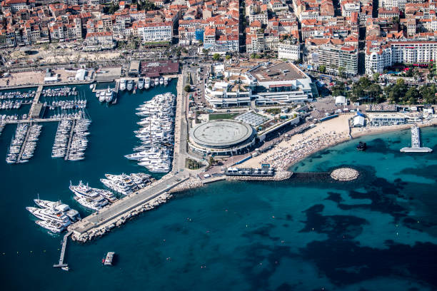 Aerial view of Cannes Panoramic aerial view of Cannes, France. palais des festivals et des congres stock pictures, royalty-free photos & images