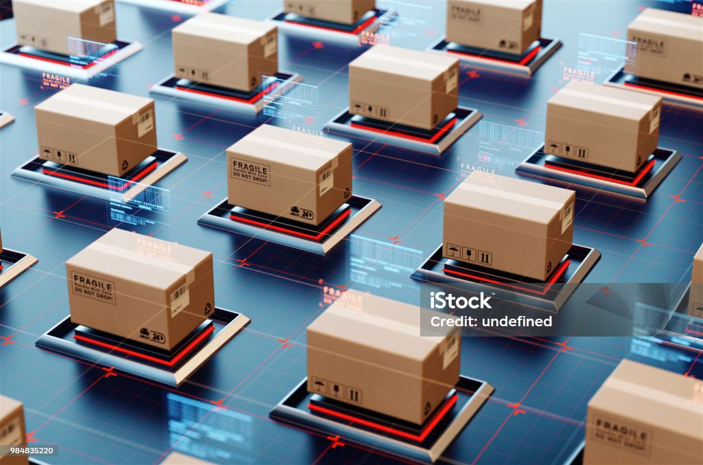 Packages are transported in high-tech Settings,online shopping,Concept of automatic logistics management. Freight Transportation Stock Photo