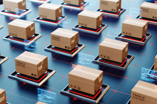 packages are transported in high-tech settings,online shopping,concept of automatic logistics management. - post processing imagens e fotografias de stock