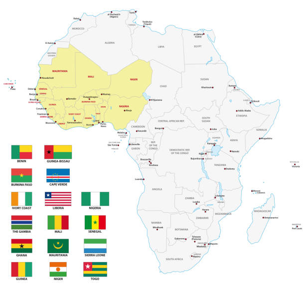 illustrations, cliparts, dessins animés et icônes de carte d’afrique occidentale avec des drapeaux - mali