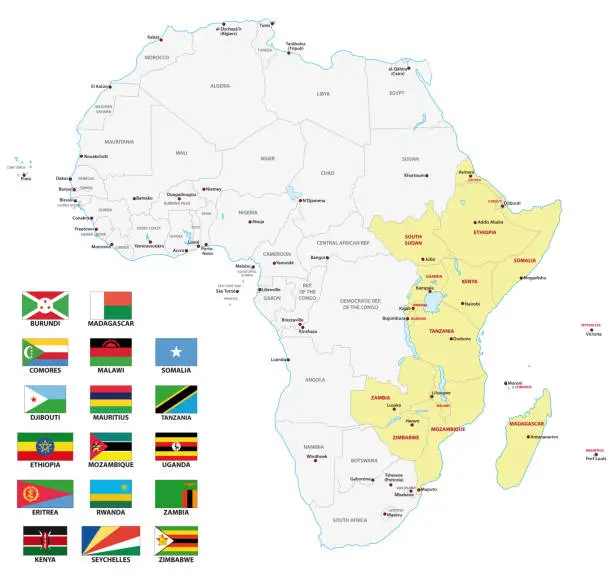 Vector illustration of east africa map with flags