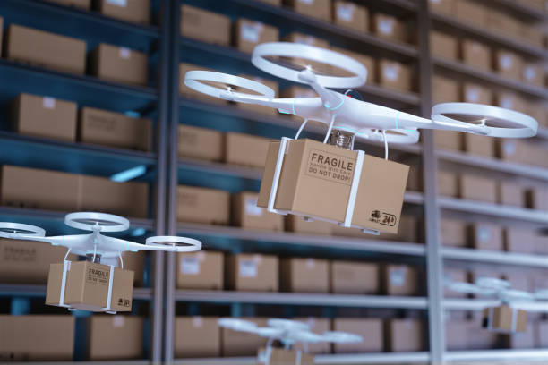 istock Drones carry express packages in warehouses.Packages are transported in high-tech Settings,online shopping,Concept of automatic logistics management.3d rendering warehouse. 984840338