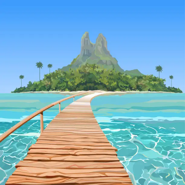 Vector illustration of drawn tropical island with a bridge in the sea