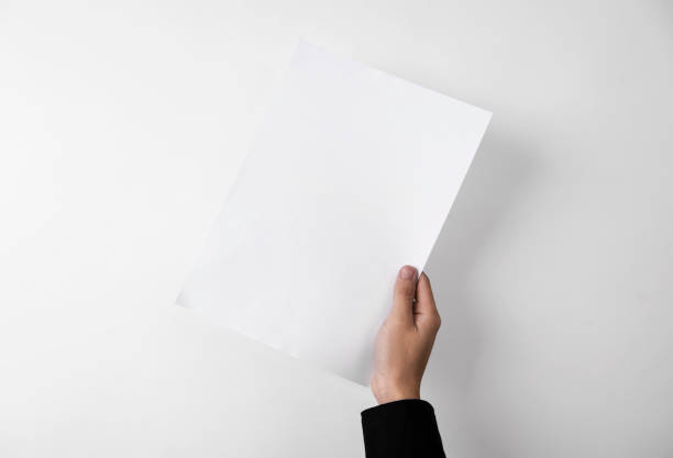 istock hand showing blank paper A4 flyer for mockup template logo branding on grey background. 984847392