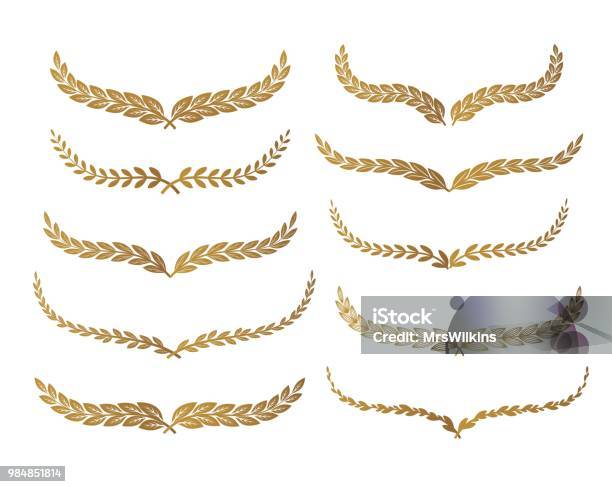 Gold Laurel Set Vector Stock Illustration - Download Image Now - Laurel Wreath, Bay Leaf, Gold - Metal