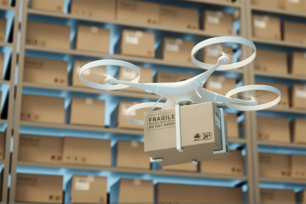 istock Drones carry express packages in warehouses.Packages are transported in high-tech Settings,online shopping,Concept of automatic logistics management.3d rendering warehouse. 984851888