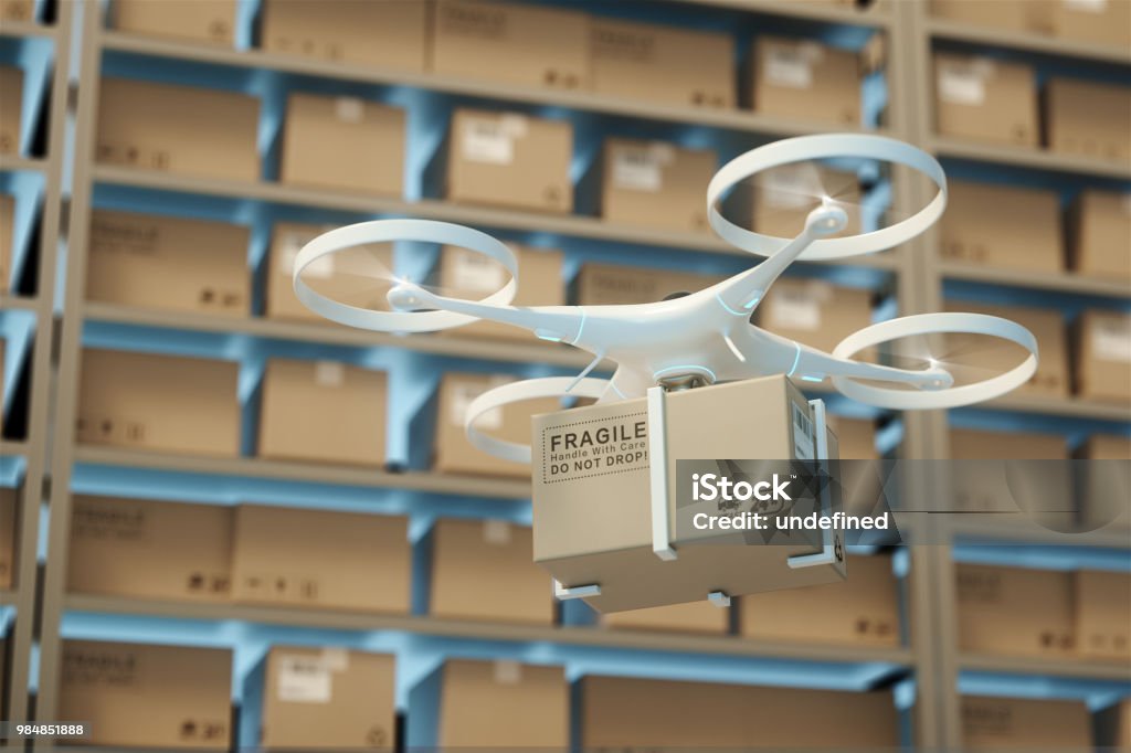 Drones carry express packages in warehouses.Packages are transported in high-tech Settings,online shopping,Concept of automatic logistics management.3d rendering warehouse. Drone Stock Photo