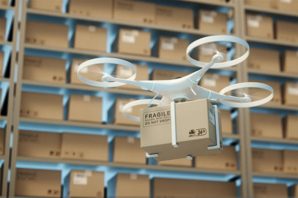 Drones carry express packages in warehouses.Packages are transported in high-tech Settings,online shopping,Concept of automatic logistics management.3d rendering warehouse. stock photo