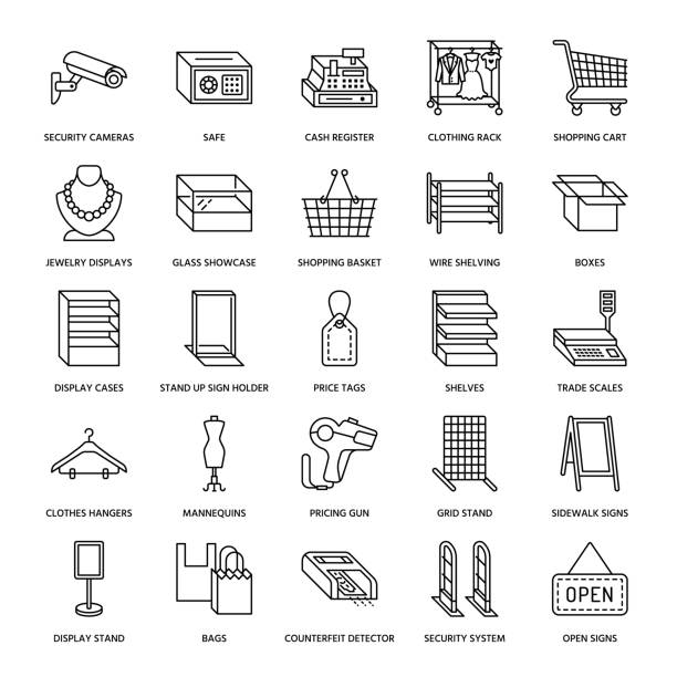 ilustrações de stock, clip art, desenhos animados e ícones de retail store supplies flat line icons. trade shop equipment signs. commercial objects - cash register, basket, scales, shopping cart, shelving, display cases. thin linear signs for warehouse store - gondola