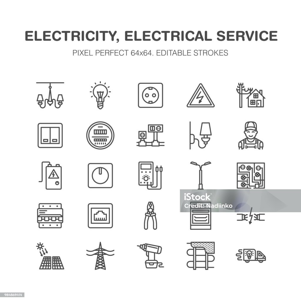 Electricity engineering vector flat line icons. Electrical equipment, power socket, torn wire, energy meter, lamp, multimeter Electrician services signs house repair illustration. Pixel perfect 64x64 Electricity engineering vector flat line icons. Electrical equipment, power socket, torn wire, energy meter, lamp, multimeter Electrician services signs house repair illustration. Pixel perfect 64x64. Icon Symbol stock vector