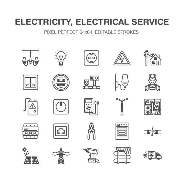 Electricity engineering vector flat line icons. Electrical equipment, power socket, torn wire, energy meter, lamp, multimeter Electrician services signs house repair illustration. Pixel perfect 64x64 Electricity engineering vector flat line icons. Electrical equipment, power socket, torn wire, energy meter, lamp, multimeter Electrician services signs house repair illustration. Pixel perfect 64x64. electrician multimeter stock illustrations