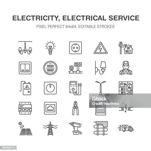 Electricity Engineering Vector Flat Line Icons Electrical Equipment Power Socket Torn Wire Energy Meter Lamp Multimeter Electrician Services Signs House Repair Illustration Pixel Perfect 64x64 Stock Illustration - Download Image Now