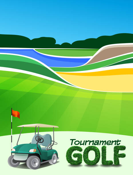 Golf ticket or flyer Golf tournament ticket or flyer brochure template. Golf course background mockup vector illustration golf cart vector stock illustrations