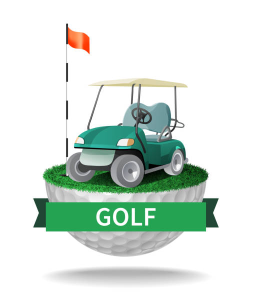 Golf cart on half golf ball with grass Golf cart on half golf ball with grass. Abstract isolated color vector illustration golf cart vector stock illustrations