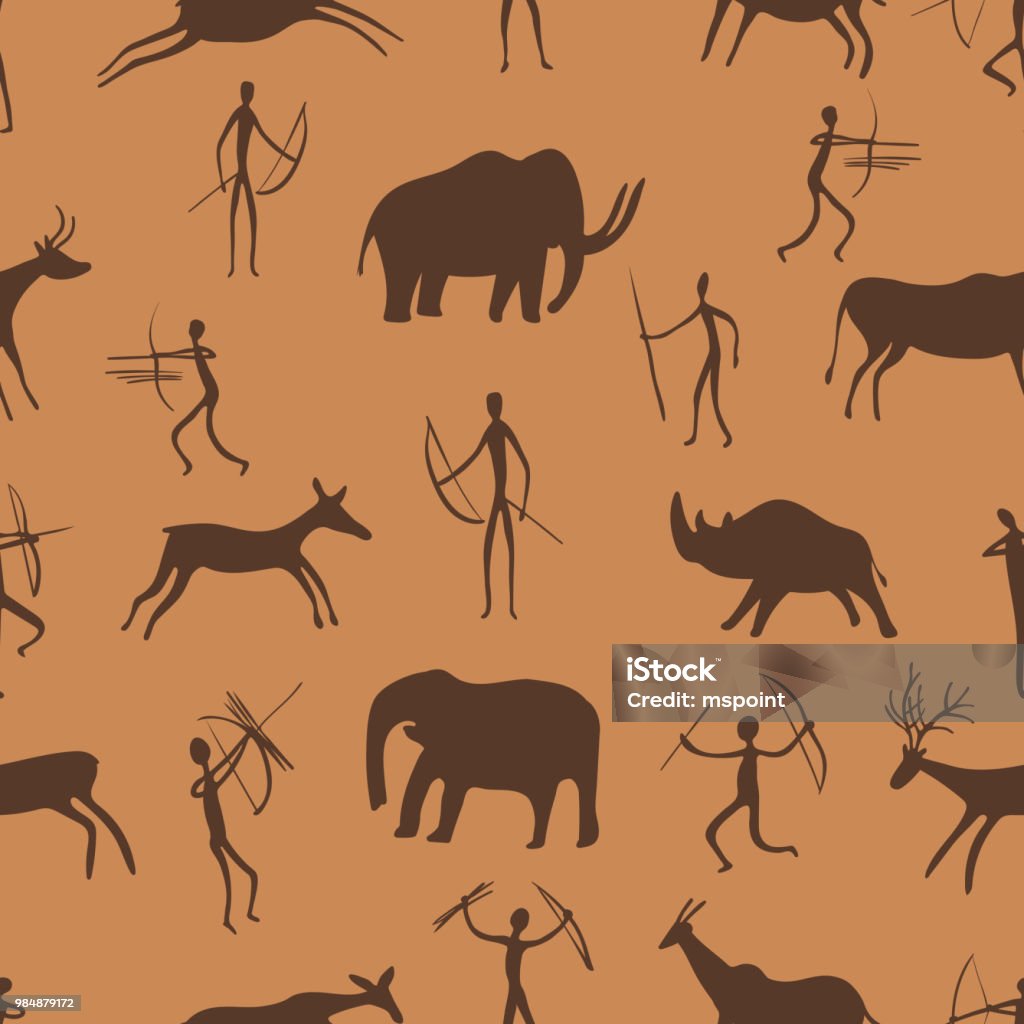 Seamless Pattern Ancient Rock Paintings Show Primitive People Hunting On  Animals The Paleolithic Era Stock Illustration - Download Image Now - iStock