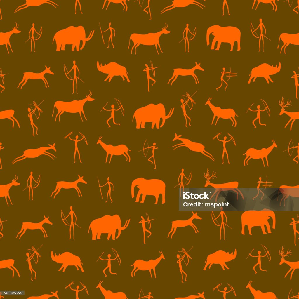 Seamless pattern. Ancient rock drawing with primitive people and prehistoric animals. The Paleolithic era Seamless pattern. Ancient rock drawing with primitive people and prehistoric animals. The Paleolithic era. vector illustration Cave Painting stock vector
