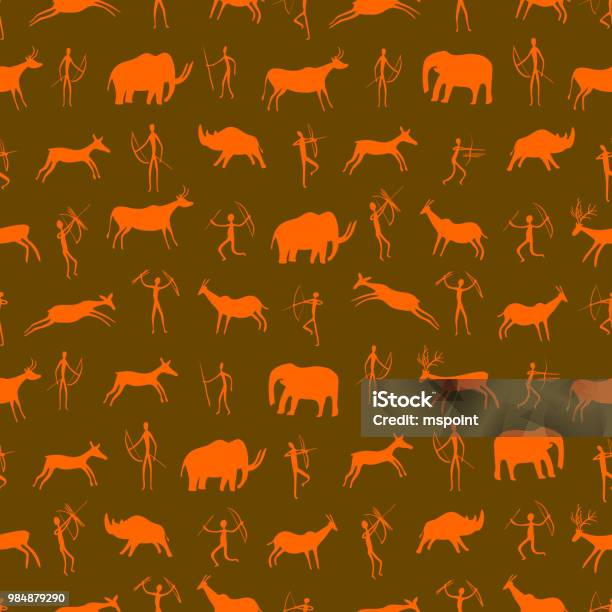 Seamless Pattern Ancient Rock Drawing With Primitive People And Prehistoric Animals The Paleolithic Era Stock Illustration - Download Image Now