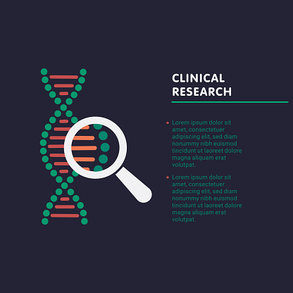 Clinical research concept. dna chain in magnifying glass sign. genetic engineering, cloning, paternity testing. vector illustration