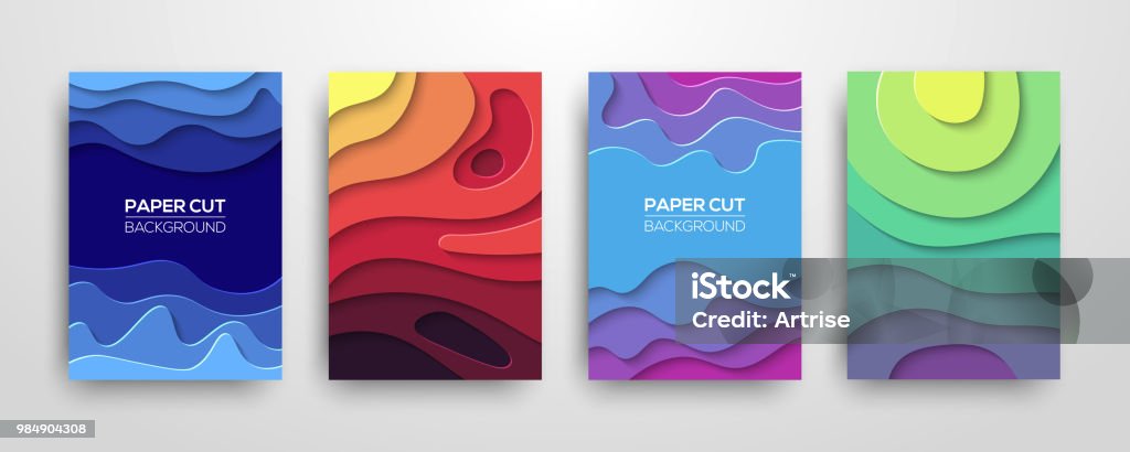 Modern paper cut 3D geometric covers set Modern paper cut 3D geometric covers set. Minimal colorful trendy templates design. Cool gradient shapes. Poster background composition. Vector illustration. Cut Or Torn Paper stock vector