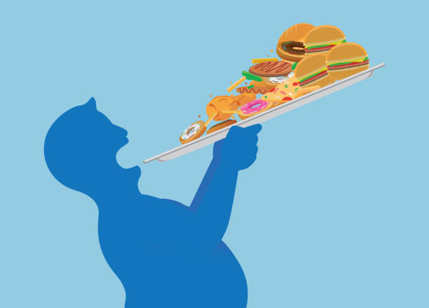 dicker mann versuchen, alle junk-food auf einmal mit einem tablett zu verschlingen. - hamburger schnellgericht stock-grafiken, -clipart, -cartoons und -symbole