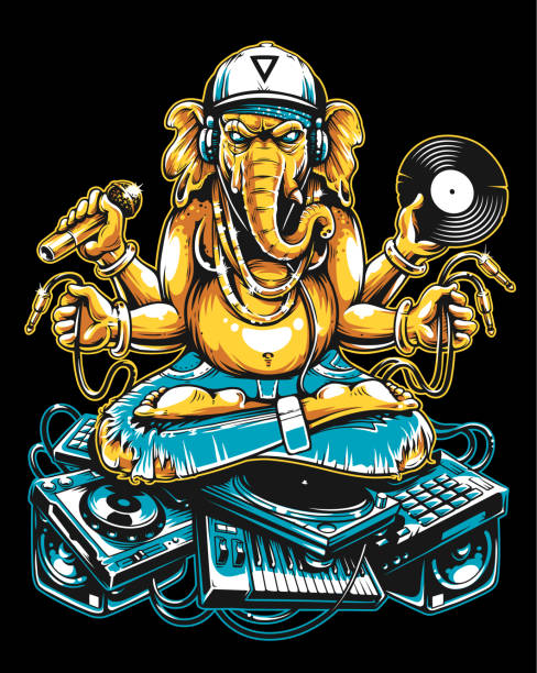 ilustraciones, imágenes clip art, dibujos animados e iconos de stock de sesión de dj de ganesha en materia musical electrónico - drum & bass