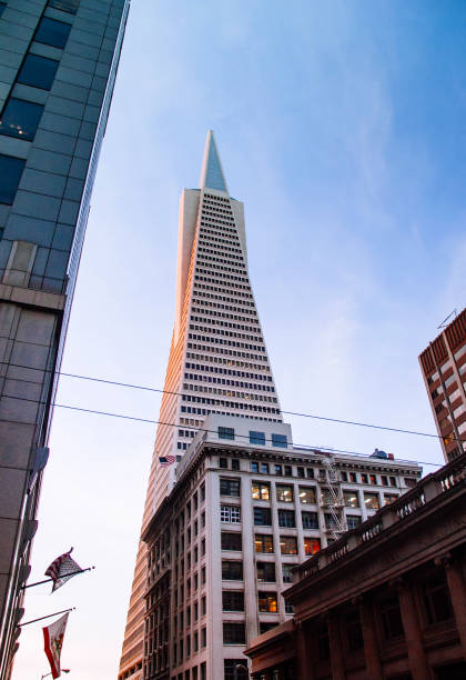 transamerica pyramid, bâtiment historique du quartier financier du centre-ville san francisco soir ciel - san francisco county sunrise nobody sky photos et images de collection