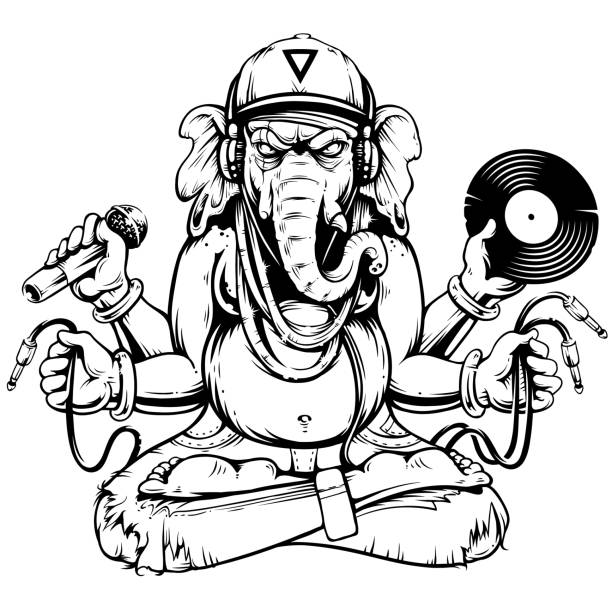 ilustraciones, imágenes clip art, dibujos animados e iconos de stock de ganesha con el vector de atributos musicales - drum & bass