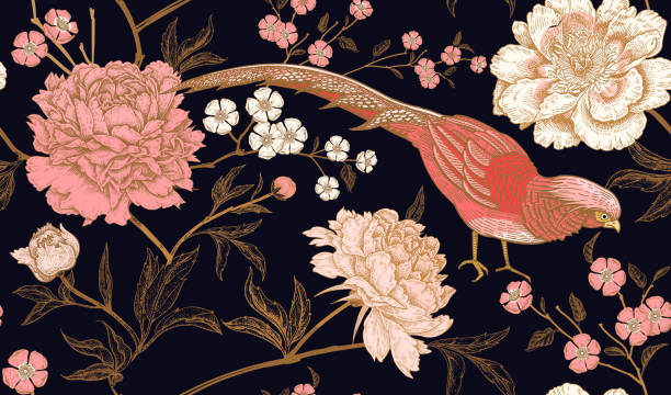 illustrazioni stock, clip art, cartoni animati e icone di tendenza di motivo senza cuciture con fagiani di uccelli esotici e fiori di peonia. - rose pattern victorian style seamless