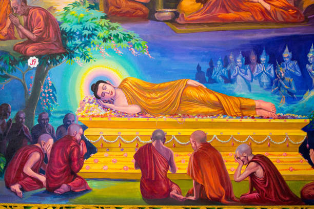 A wall mural of the reclining Buddha at the Chaukhtatgyi Buddha Temple in Yangon.