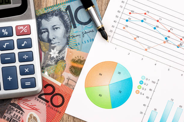 istock concept, Australian Dollar graph calculator pen close up 984962856