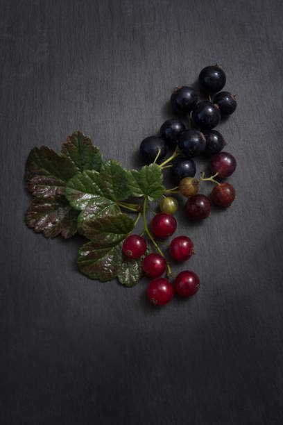 istock Healthy currant with leaves on black background 984963058