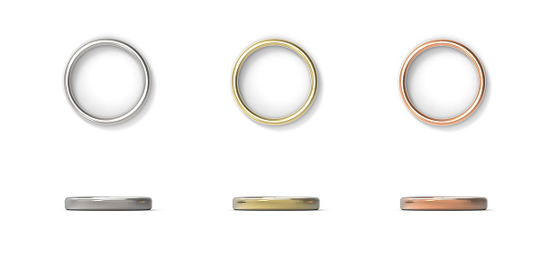 Silver, Gold, Copper rings isolated on white background. 3D rendering.