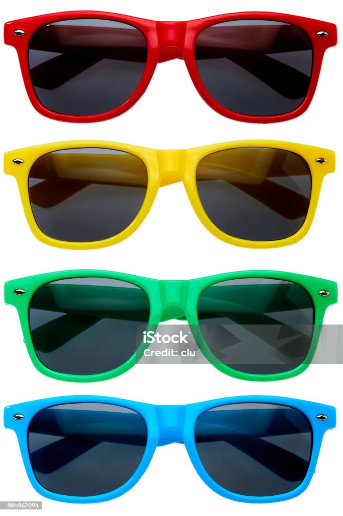 Collection of colorful sunglasses in a row on white background Sunglasses Stock Photo