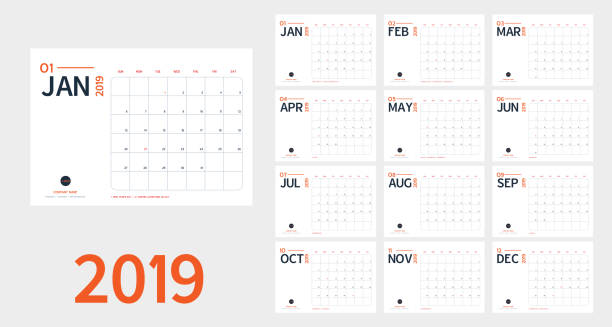 illustrations, cliparts, dessins animés et icônes de vecteur de 2019 calendrier de nouvel an dans un style simple table propre minimal et de couleur bleue et orange, planificateur d’événements de vacances, événement de vacances semaine commence sunday.include. format a5 - 2019