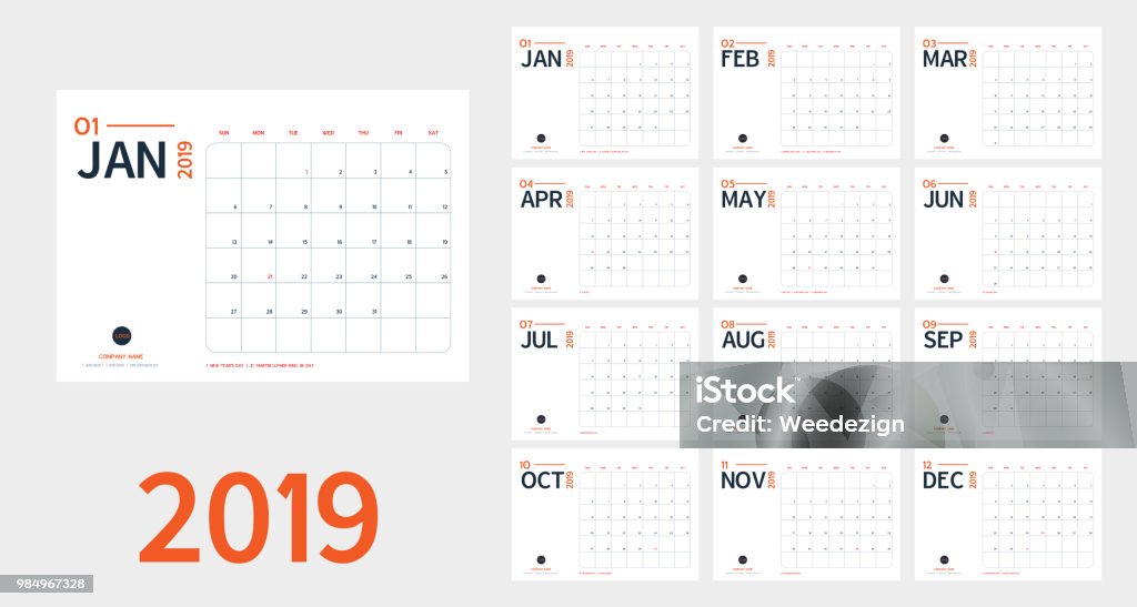 Vector of 2019 new year calendar in clean minimal table simple style and blue and orange color,Holiday event planner,Week Starts Sunday.include holiday event.A5 size Calendar stock vector