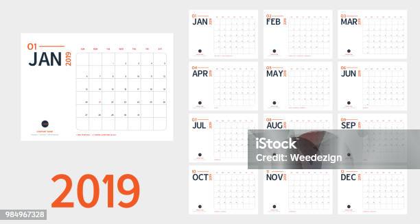 Vector Of 2019 New Year Calendar In Clean Minimal Table Simple Style And Blue And Orange Colorholiday Event Plannerweek Starts Sundayinclude Holiday Eventa5 Size Stock Illustration - Download Image Now