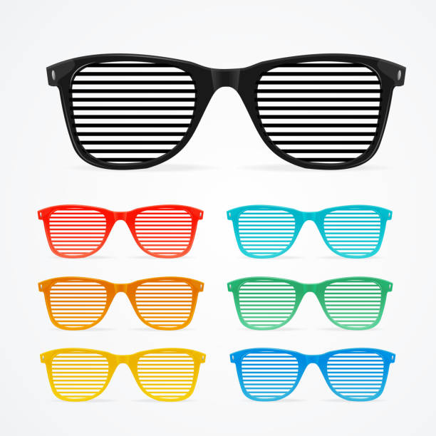 illustrations, cliparts, dessins animés et icônes de lunettes de soleil rayé coloré jeu rétro concept. vector - sun protection glasses glass